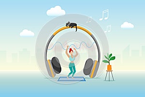 Women dancing, online listening music, live streaming audio in headphone devices with sound wave
