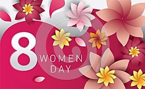 Women Day 8 March text lettering on flowers pattern background for greeting card, invitation card. women day celebration
