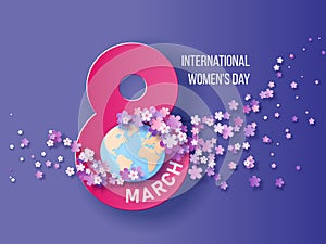 Women day background with flying flowers. 8 March invitation card.