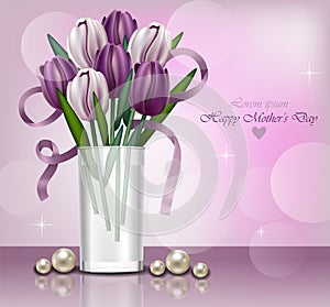 Women day card with Realistic tulip flowers and pearls Vector illustrations