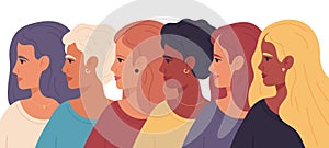 Women day. Female profile portraits, sisterhood diverse group, women empowerment movement vector illustration. Women photo