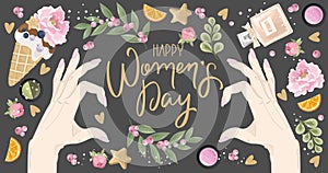 Women Day greeting card with hand drawn flowers background.