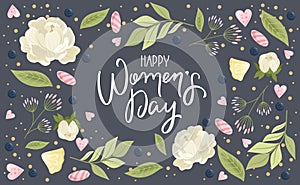 Women Day greeting card with hand drawn flowers background.