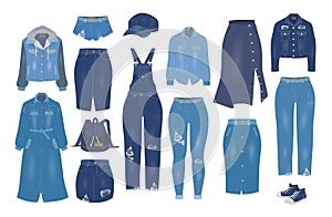 Women denim clothes set, flat vector isolated illustration. Blue jean outfit, casual clothing, ripped jeans models.