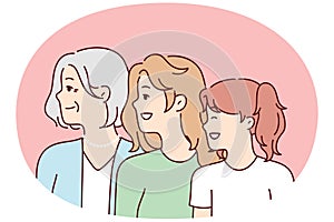 Women of different ages look in same direction with smile for feminism concept. Vector image