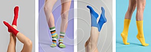 Women in different bright socks on color backgrounds, closeup. Collection of photos