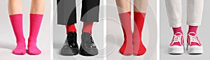 Women in different colorful socks on light grey background, closeup. Collection of photos