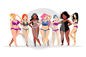 Women with different figures, skin colors. Body positive concept. Vector flat illustration. Plus size girls in bikini