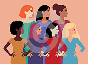 Women of different nationalities and cultures standing together. Women's friendship, union of feminists or