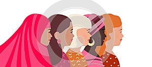 Women of different nationalities, faith and skin color together. Greeting card, banner International Womens Day. Struggle for