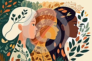 Women of different races together on an abstract autumn background with leaves. modern vector flat illustration.