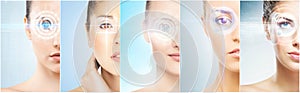 Women with a digital laser hologram on eyes collage. Ophthalmology, eye surgery and identity scanning technology concept