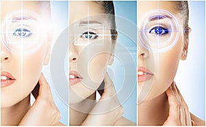 Women with a digital laser hologram on eyes collage.