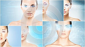 Women with a digital laser hologram on eyes collage.