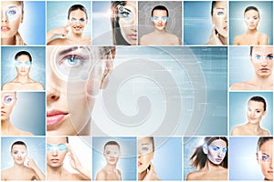 Women with a digital laser hologram on eyes collage.