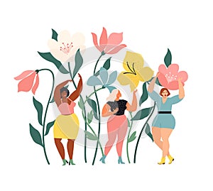 Women diverse of different ethnicity are wonder the huge spring wild flowers. International Womens Day