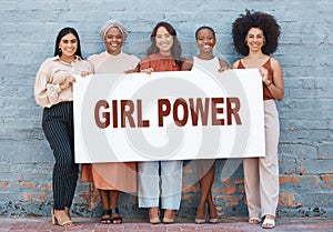 Women, diversity and banner for empowerment on billboard, mockup or advertising board. Strong entrepreneur female group