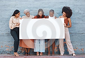 Women, diversity and poster with space outdoor for billboard, mockup or advertising on board. Strong entrepreneur female