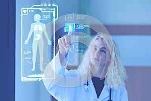 Women doctors touch virtual interface screens with digital human health indicators. Hi-tech technology medical diagnostic of the
