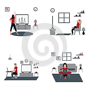 Women doing aerobics at home, man and woman casually work from home, a man casually watching television at home