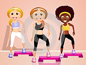 Women doing exercise on aerobic step