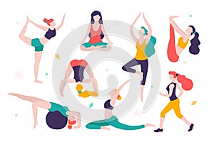 Women doing sports. Different poses of yoga, exercises for healthy lifestyle. Slim girls vector flat illustration