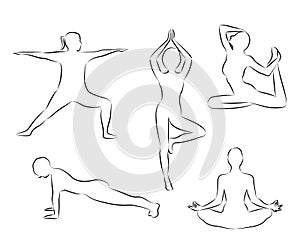 Women doing yoga excercises silhouettes  outline