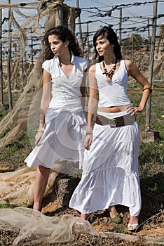 Women dressed in white in a wasteland of abandoned crops