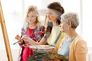 Women with easel and palettes at art school