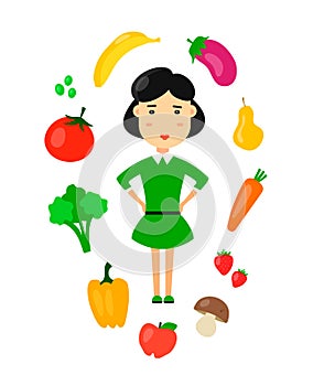 Women eat nature organic vegetarian healthy food concept. Flat vector cartoon character icon illustration. Diet, healthy eating an