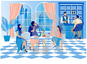 Women in Elegant Clothing Sitting at Table in Bar