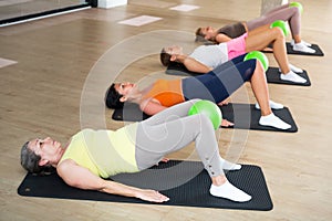 Women exercising with ball during group pilates class