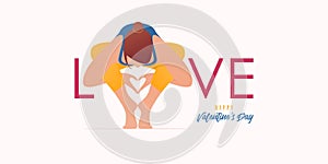 Women exercising in yoga pose or asana posture for happy Valentineâ€™s Day banner template design.