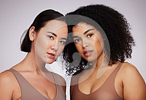 Women, face and diversity with portrait, beauty and skincare for different skin color and unique isolated on studio