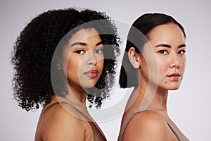 Women, face and diversity with portrait, skincare for different skin color and unique with beauty isolated on studio
