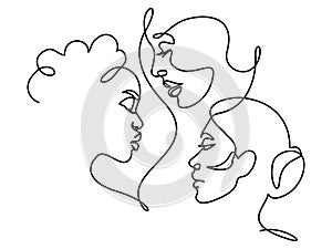 Women faces different nationalities. Continuous one line drawing