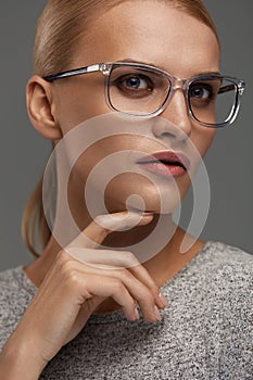 Women Fashion Glasses. Girl In Stylish Grey Eyeglasses, Eyewear