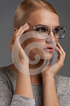 Women Fashion Glasses. Girl In Stylish Grey Eyeglasses, Eyewear