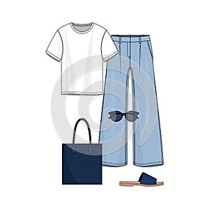 Women fashion summer set with light blue wide leg jeans and white T-shirt