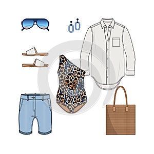 Women fashion summer set with one-piece leopard print swimsuit