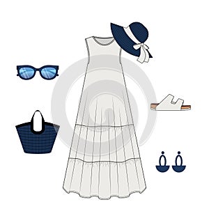 Women fashion summer set with sleeveless dress, straw tote bag, sun hat, flip flops, sunglasses and earrings