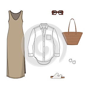 Women fashion summer set with tank maxi dress, white blouse and accessories