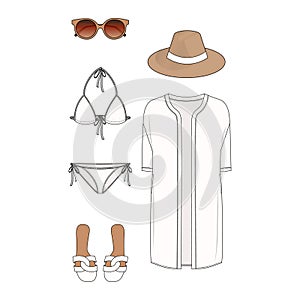 Women fashion summer set with white color bikini and beach kimono