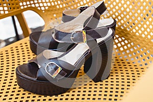Women fashionable high heeled shoes - brown leather sandals