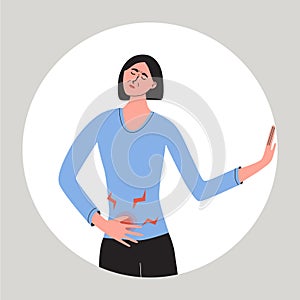 Women feeling pain of the right side of abdomen. Appendicitis, liver disease symptom. Flat vector medcal illustration