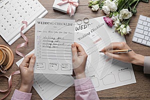 Women filling Wedding Checklists at wooden table, top view