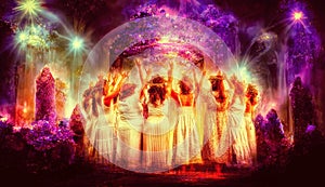Women in flower wreath and floral crown in magic beautiful crystal heaven. Crystal kingdom. symbol of summer solstice