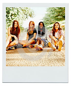 Women, friend group and portrait outdoor as polaroid picture for bonding connection, sisterhood or together. Female