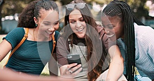 Women, friends and phone for university, college or campus gossip, social media and education website. Group of students