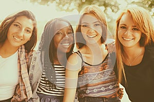 Women, friends and portrait smile in park for summer holiday for bonding connection, wellness or adventure. Female